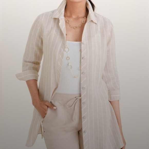Chico's 100% Linen Tan White Striped FreshChic Non Iron Button Up Size 2 12/14 L - Picture 1 of 9